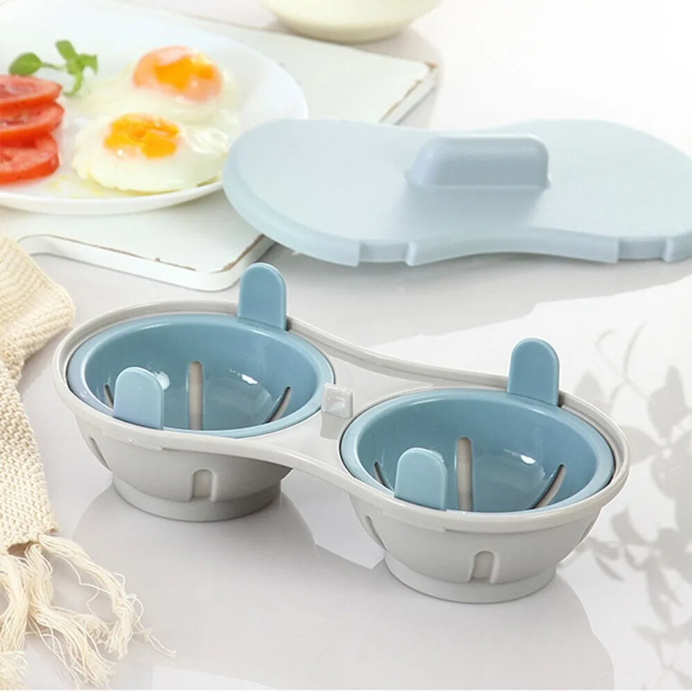 Egg Boiler Mold Cup Egg Cooker Microwave Double Cup Egg Cooker Mold with Cover Portable Easy-cleaning Steamed Egg Container Cookware Kitchen Tool