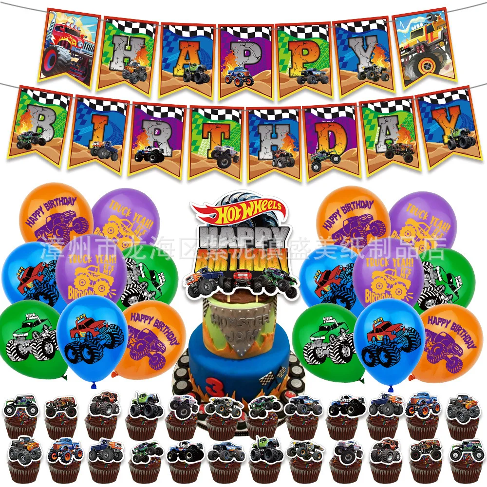 

Children's Day Party Supplies Monster Truck Birthday Theme Party Decoration Banner Cake Flag Balloons Set Gift for Kid Birthday