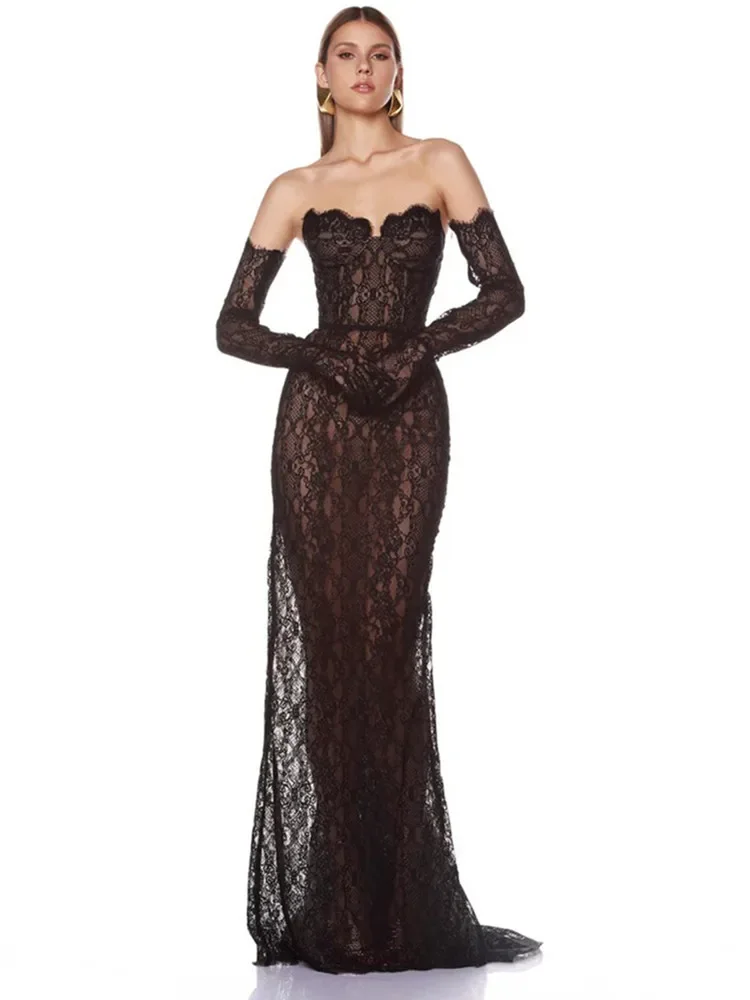 2025 Women Celebrity Sexy Strapless Backless Black Lace Maxi Long Gowns Dress Elegant Evening Party Club Vestido