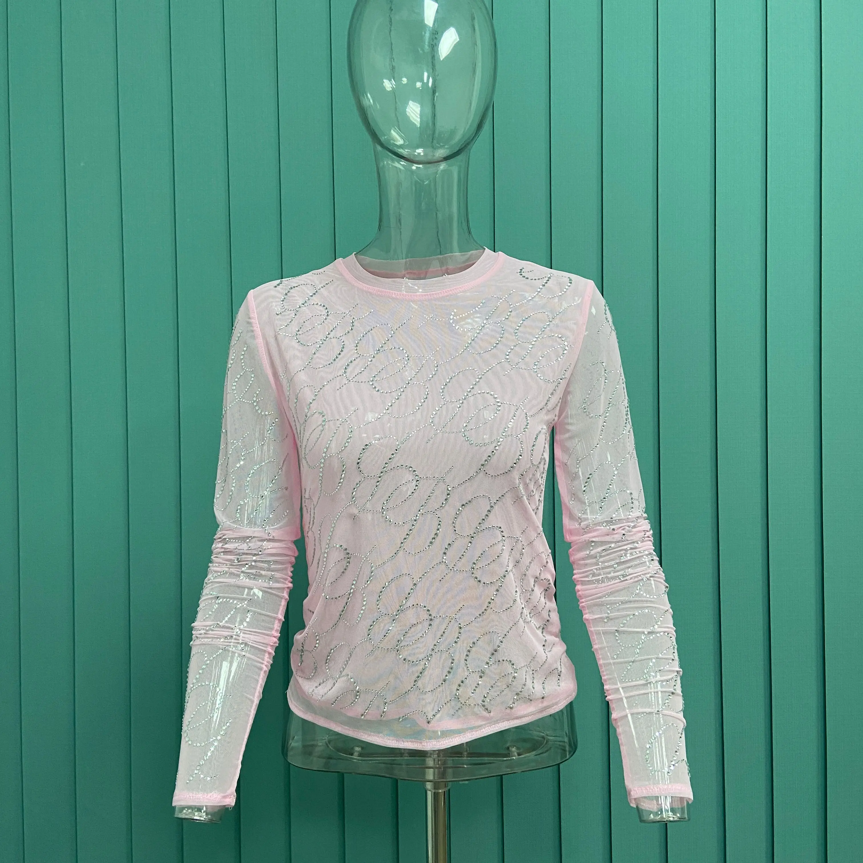 

Spring and autumn new Japanese fashion nifty commuter slim stretch rhinestones breathable mesh round neck pullover