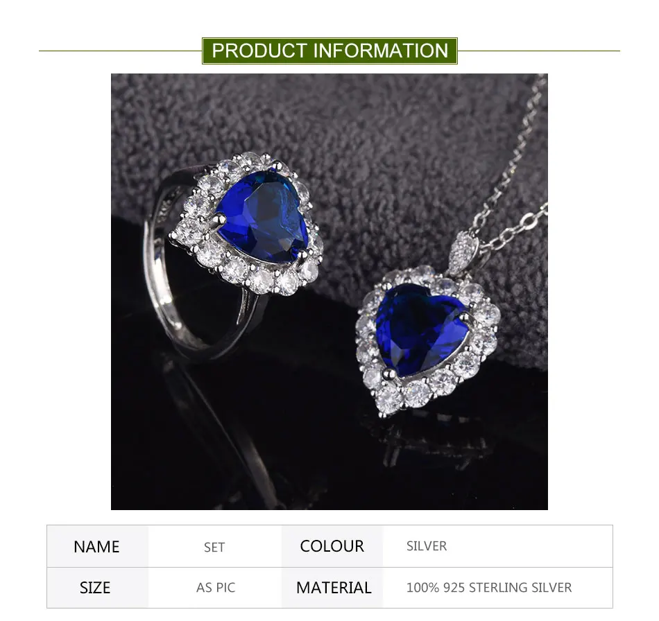 Saf5c98dd2b5742adadf0404d0b5bb26ei 925 Sterling Silver Heart Blue Crystal Necklace Ring Set For Women Wedding Jewelry Gift Mallzona