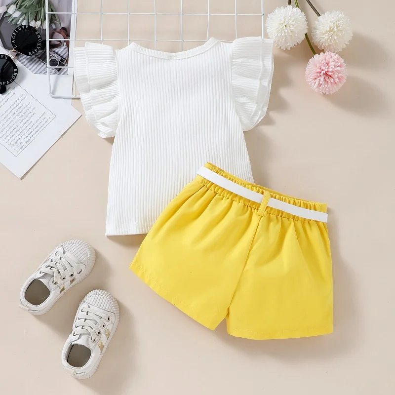 Baby Clothing Set near me Summer 2022 new pit strip fly sleeve white top and shorts with belt set fashion 1-5-year-old baby girl clothes outdoor suit Baby Clothing Set expensive