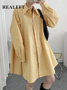 REALEFT 2022 New Spring Summer White Women's Shirt Dresses Single Breasted Long Sleeve Casual Loose Chic Mini Dress Female