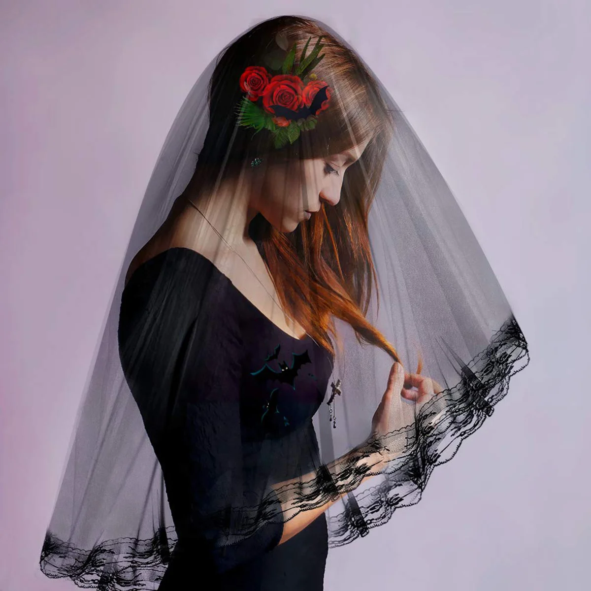 

Halloween Barrettes Comb Lace Two Layers Headdress Belt Face Cover Headband Veil for Clothing
