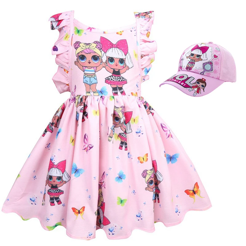 

Girls Dress Toddler Baby LOL Dolls Clothes Kids Cartoon Print Princess Dress Children Summer Birthday Vestido for Girl hat