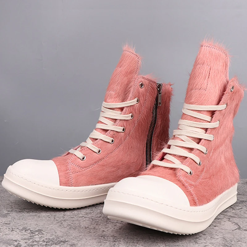 Women's Shoes Fur Design Shoes for Man Fashion Women's Sneakers Pink Solid Lace-up Men's Casual
