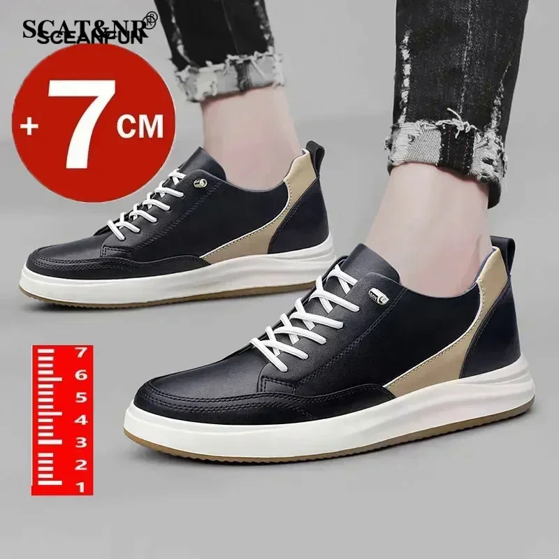 Genuine Leather Lift Sports Shoes For Men Breathable Increase Heightening Shoes Insoles 7cm Men'S Casual Luxury Heightening