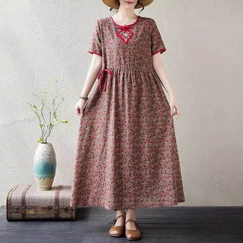 

Mom's Dress Summer 2024 Big Size Women's Loose Retro Ethnic Style Cotton And Linen Floral Long Dress Short Sleeve Clothes K1187