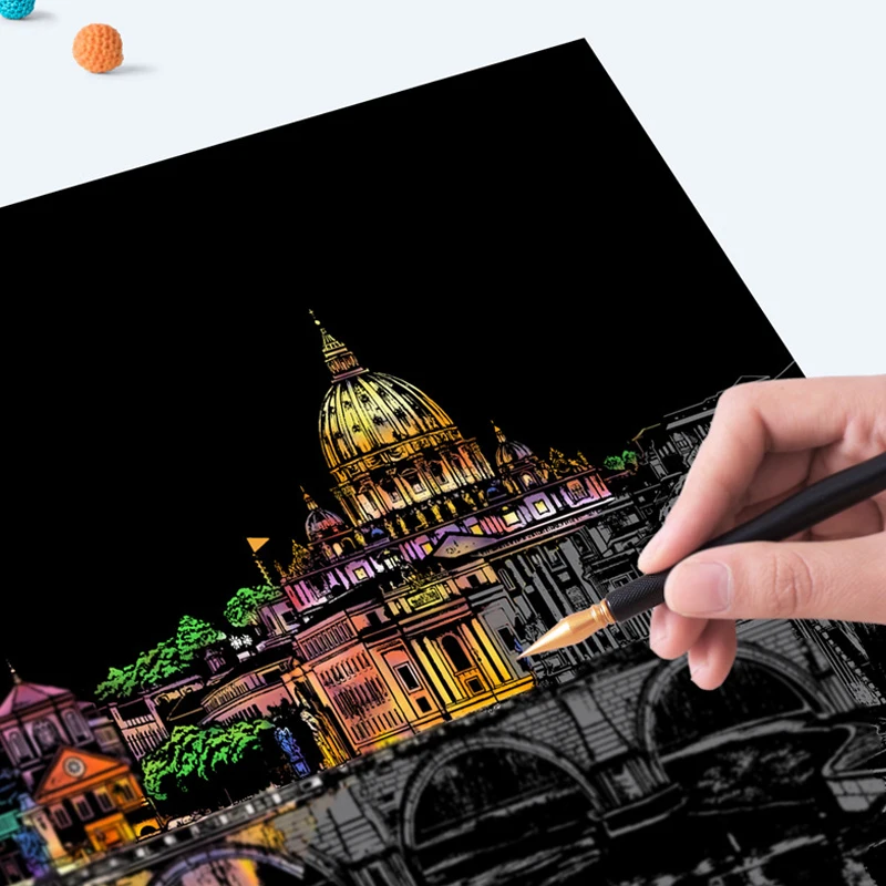4 Fogli di Carta da Graffiare con Stilo, Kit di Disegno dei Famosi Monumenti, Giocattolo Antistress, Decorazione Creativa, Regalo Divertente per Bambini e Adulti - immagine 2