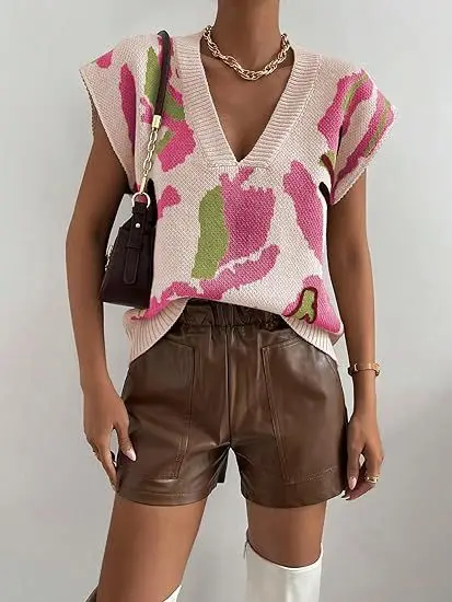 

Women’s V-neck Knitted Vest New Fashion Short Sleeveless Sweater V-neck Casual Elegant Geometric Pattern