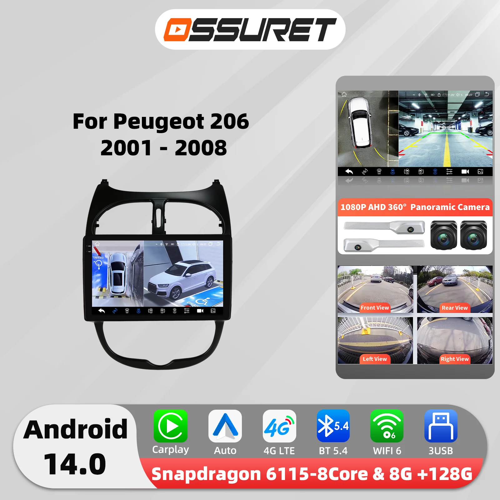 Android 14 Snapdragon Autoradio für Peugeot 206 206CC 206SW 2001–2008 Multimedia GPS 360 Kamera Autoradio Carplay Android Auto