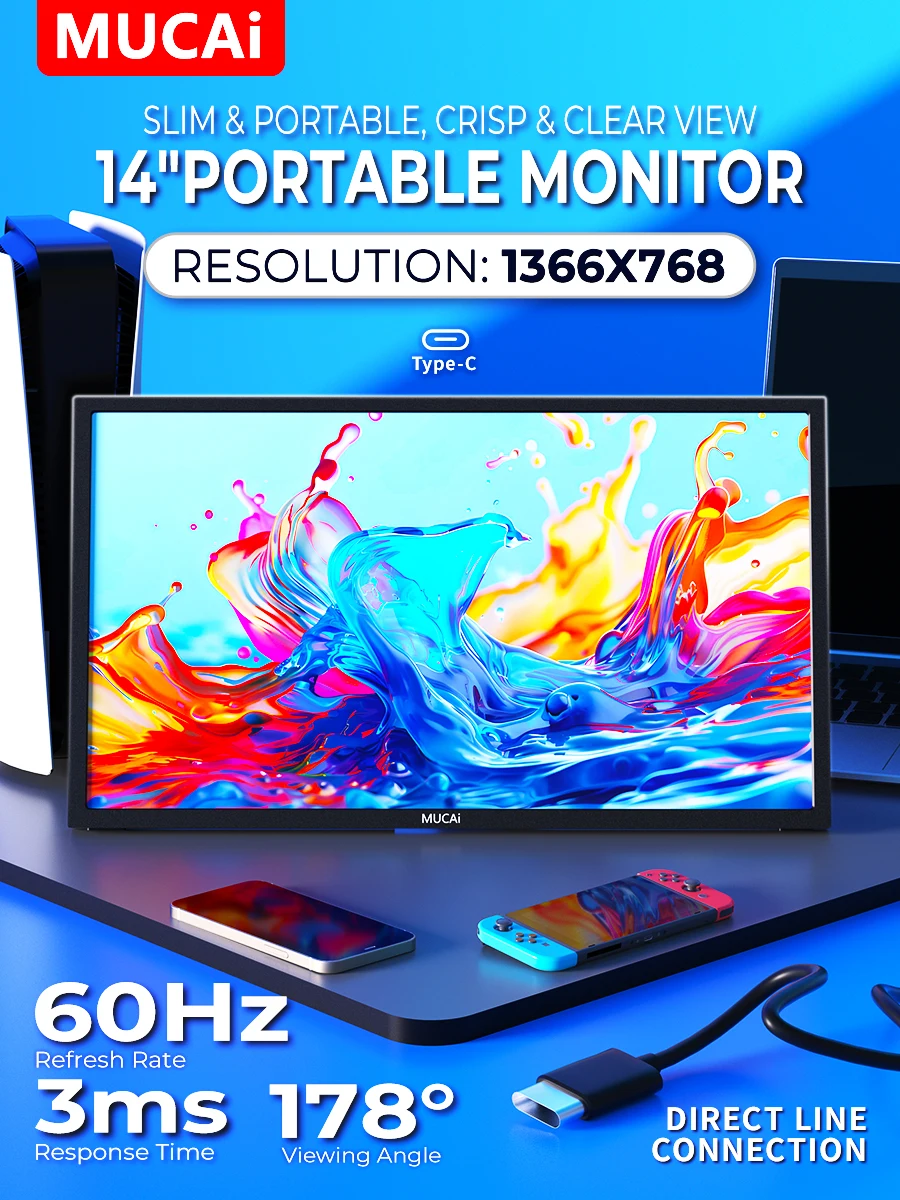 MUCAI N156 휴대용 디스플레이 14인치 60Hz 해상도 1366*768 TN 패널 250cd/ ㎡   밝기 3ms 응답 속도 휴대용 모니터
