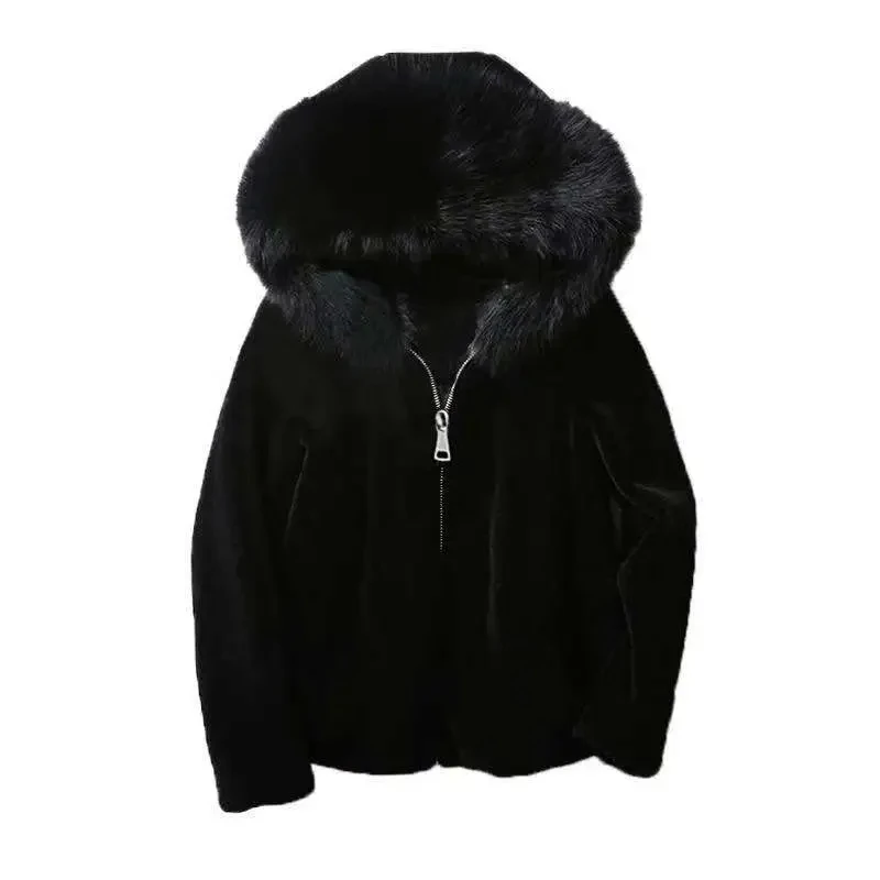 2023 new winter faux leather jacket hooded coat thick women\'s warm short coat imitation sheep cut cashmere coat