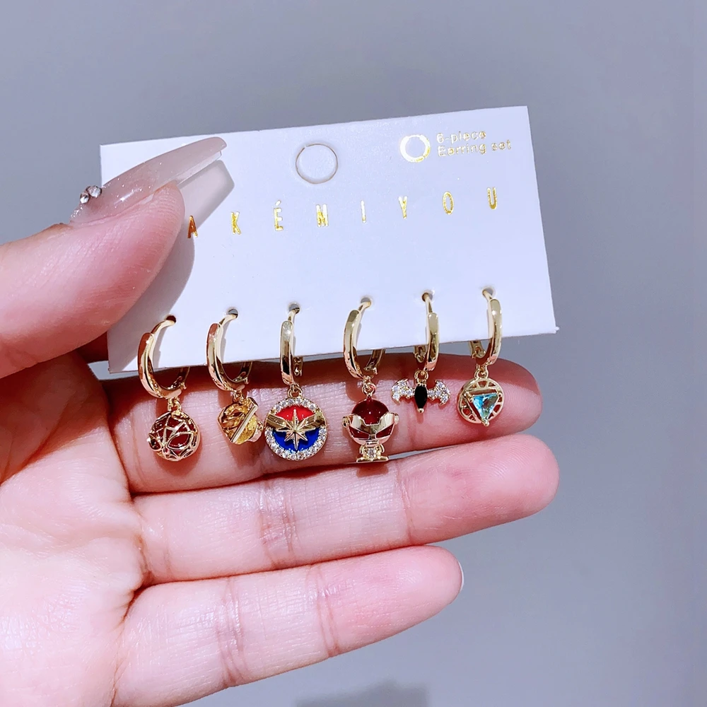 6pcs/Set Cool Mixed Movie Hero Pendants Huggie Hoop Earrings for Women Gold Color Zircon Crystal Jewelry 5