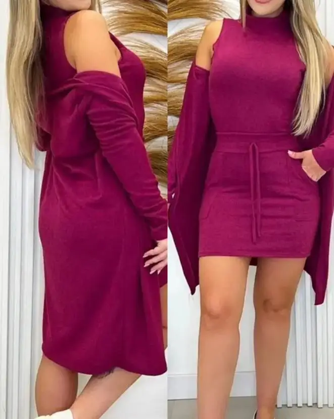 Women Three Piece dresses set 2023 Autumn Winter New Mock Neck Tank Top & Drawstring Skirt Set with Longline Coat Outfits women bodysuit winter women s fleece lined skinny fit romper cozy mock neck bodysuit with zipper half placket curve hugging