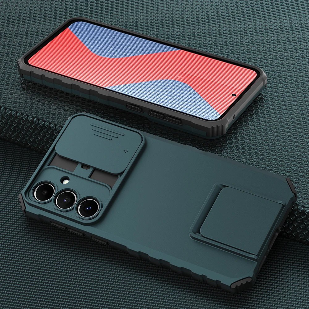Enhanced Shockproof Phone Case with Slide Camera Lens Protection and Live Stand Feature