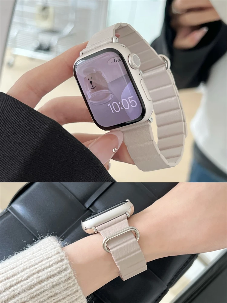 Starlight Leather Link Band For Apple Watch 41mm 45mm 44 40mm 42 38mm