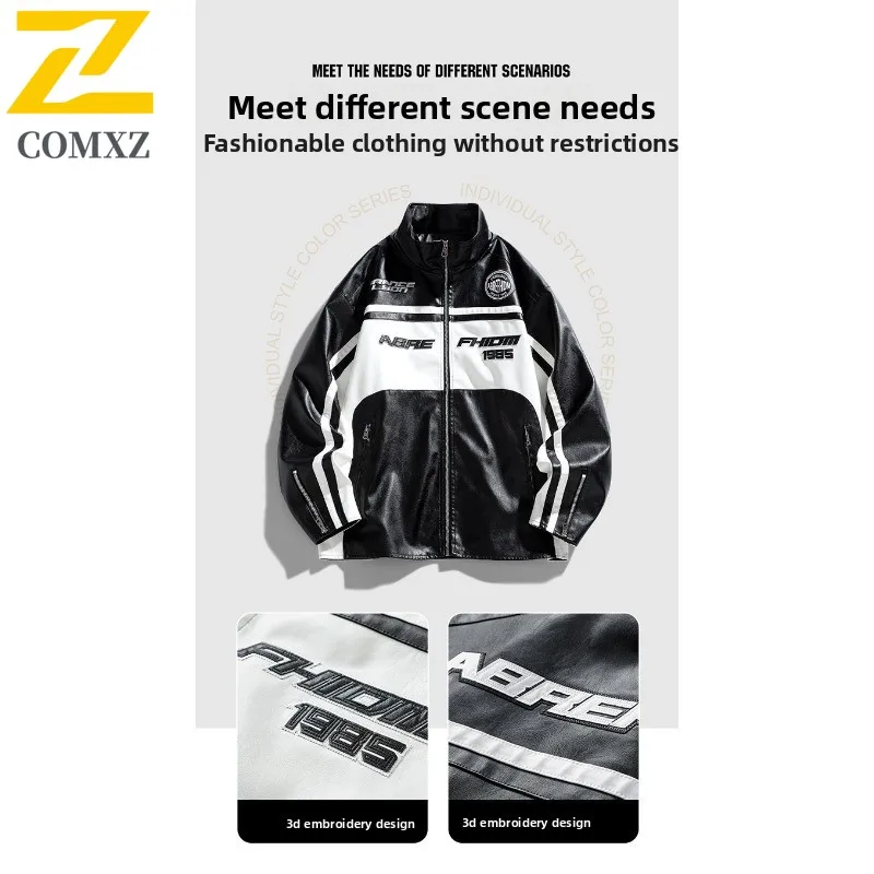Men's Vintage Biker Jacket Stand Collar Loose Fit PU Leather Coat Water-Resistant Windproof Streetwear Motorcycle Outerwear 2025