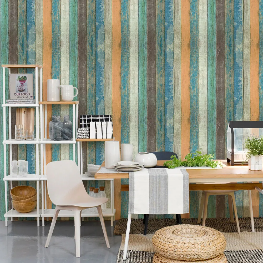 

Wood Grain Wallpaper Colorful Stripes Contact Paper Self Adhesive Vinyl Peel and Stick Film Home Wall Decor Easy To Install