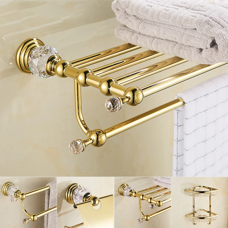 Luxury Crystal Bathroom Accessories Set Gold Polished Bath Hardware Set Wall Mounted Bathroom