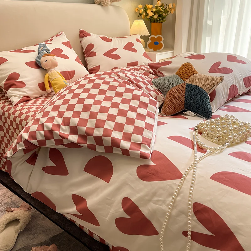 

All Cotton Girl Heart Bed Four-Piece Set 100 Pure Cotton Girl Quilt Cover Children's Dormitory Bed Sheet Three-Piece Bedding
