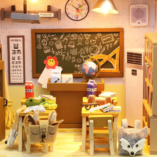 Class M907 Wooden Doll House Classroom Toys Diy Dollhouse Furnitures Music Kids Furniture Minature Doll Houses Kit Poppenhuis 5