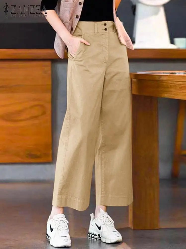 

Korean Office Straight Long Pants ZANZEA Women Summer Solid Double Buckle Mid-rise Pantalon 2024 Vintage Loose Wide Leg Trousers