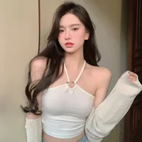 Korean Women Tank Tops  Solid Color Halter Sweet Camisole Slim Sexy Exposed Navel Crop Top - Image 2