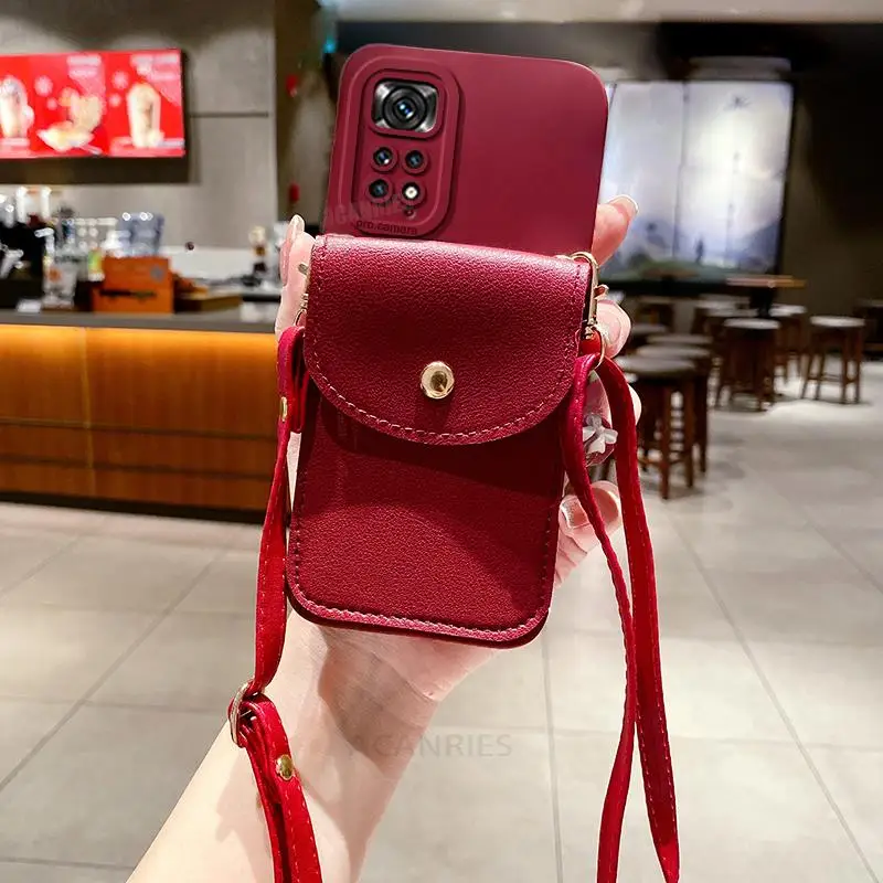 Note11s Crossbody Card Slot Bag Holder Case On For Xiaomi Redmi Note 11 8 9 10 7 Pro 11s 10s 9s 11pro 4g 5g Cord Silicone Cover