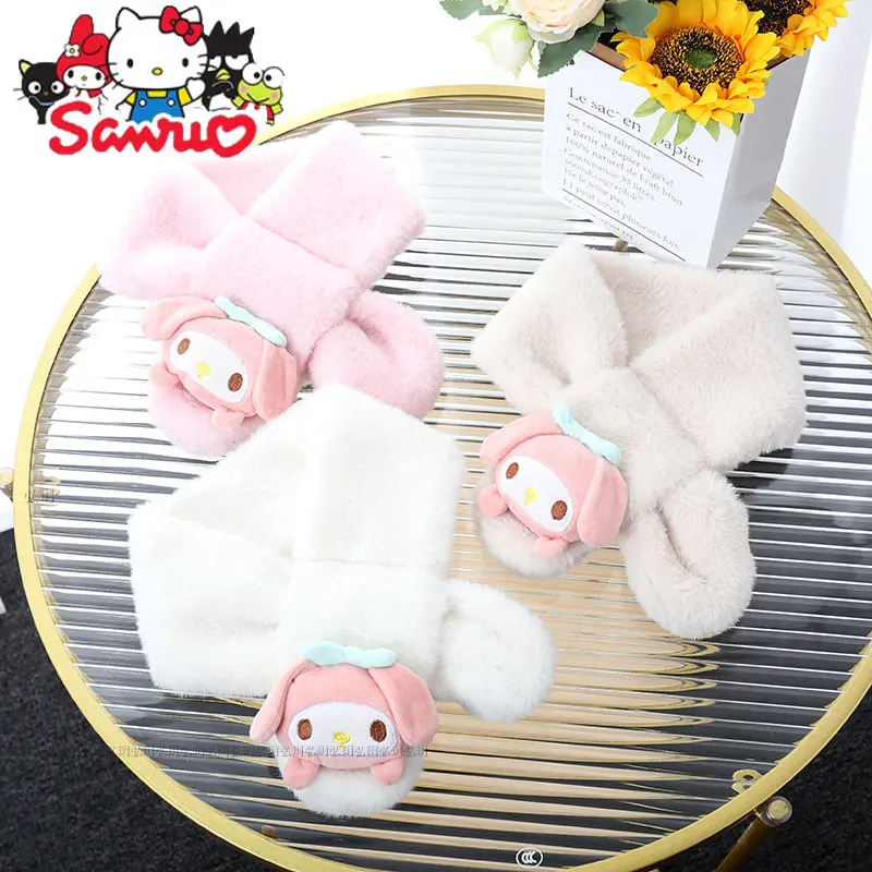 Sanrio Kuromi Melody Cinnamoroll Pochacco Children's Scarf for Winter Cartoon Warmth Thickened Imitation Rabbit Plush Neck Scarf zntx new winter thickened 100% pure cashmere sweater men s worsted v neck business casual solid color knit sweater for warmth