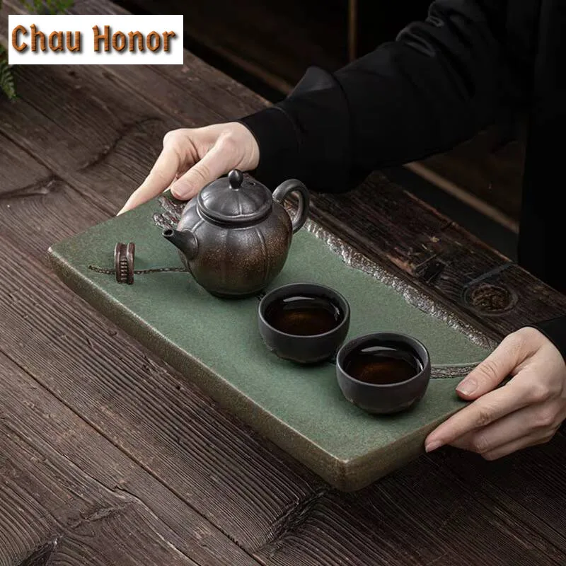 Retro Coarse Pottery Large Rectangular Dry Bubble Tray Chinese Household Water Storage And Drainage Dual-purpose Tea Tray Gifts
