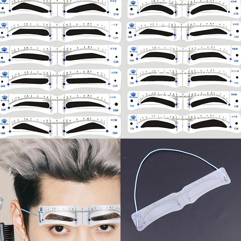 12PCS Reusable Eyebrow Shaper DIY Soft Ruler Brow Definer Stamp Card Stencil Makeup Tool for Man