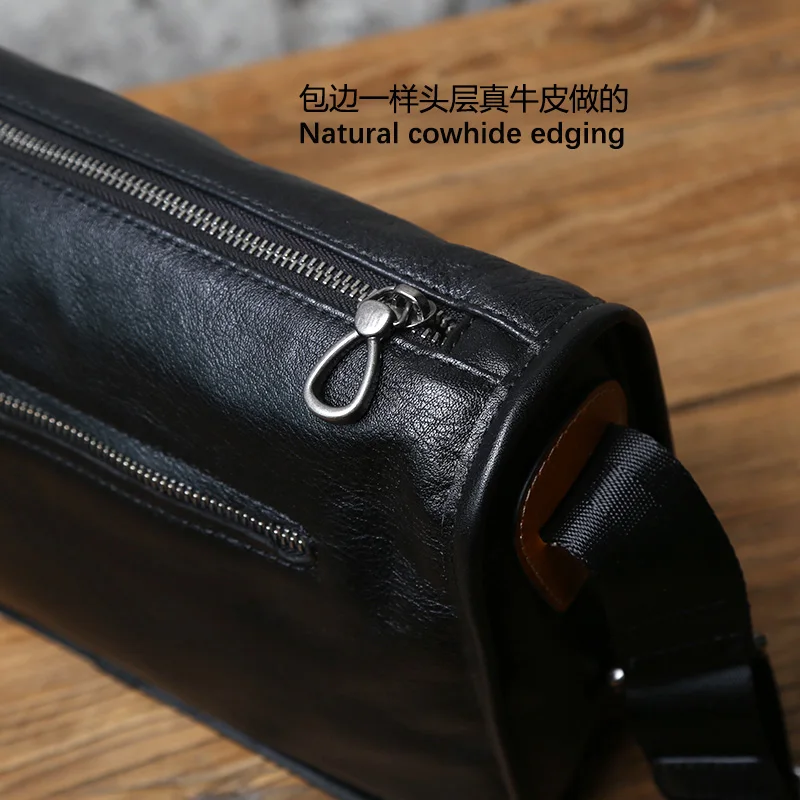 Men's Shoulder Bag Genuine Leather Casual Top Layer Cowhide Messenger Bag Black Fashion Backpack for 11 Inch Ipad NZPJ