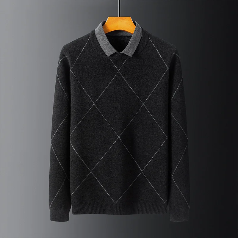 

Sweater Male Diamond Knitting Pullover Korean Long Sleeve New Two Piece Set Keep Warm Fashion Lapel O Neck Classic Men's Wear