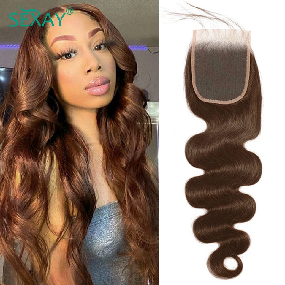 Chocolate Brown Lace Closure Free Part 100% Sexay Silky Straight Pre Colored Human Hair Swiss Lace 4x4 Transparent Closures
