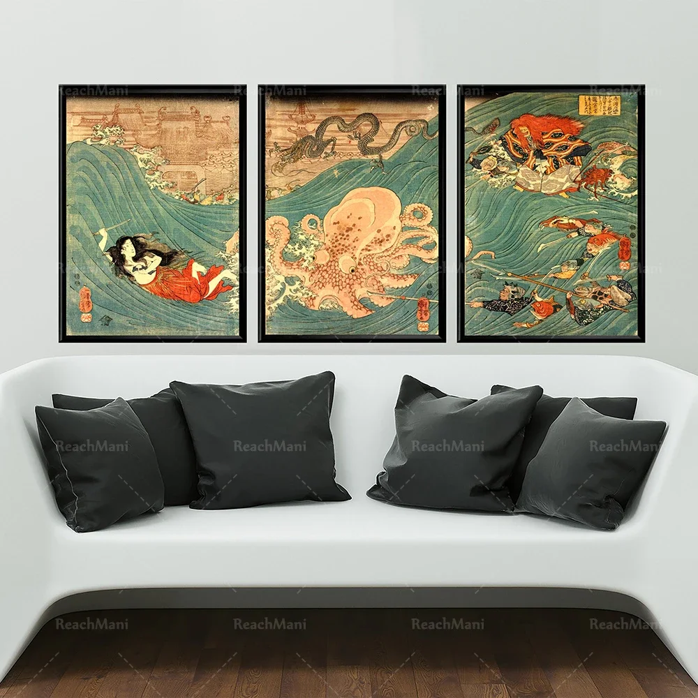 Japanese triptych Japanese horror prints Japanese war posters Old Japanese wall posters Japanese painting wall art