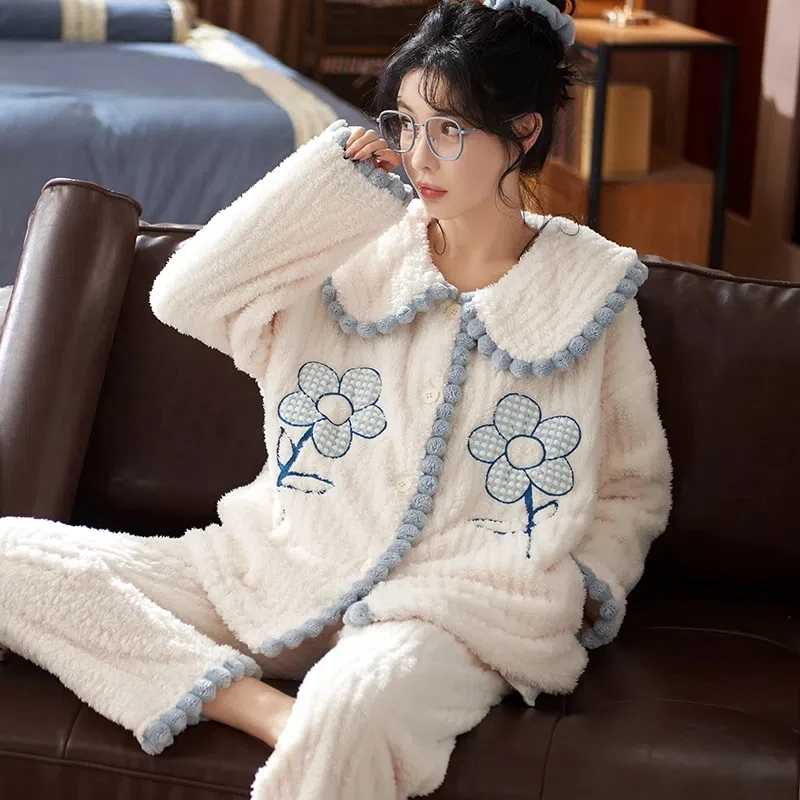 Warm Women Pajamas Sets Winter Lady Long Sleeve Shirt+Pants Home suit Flannel Thick Pijama Female set Pijama Feminino