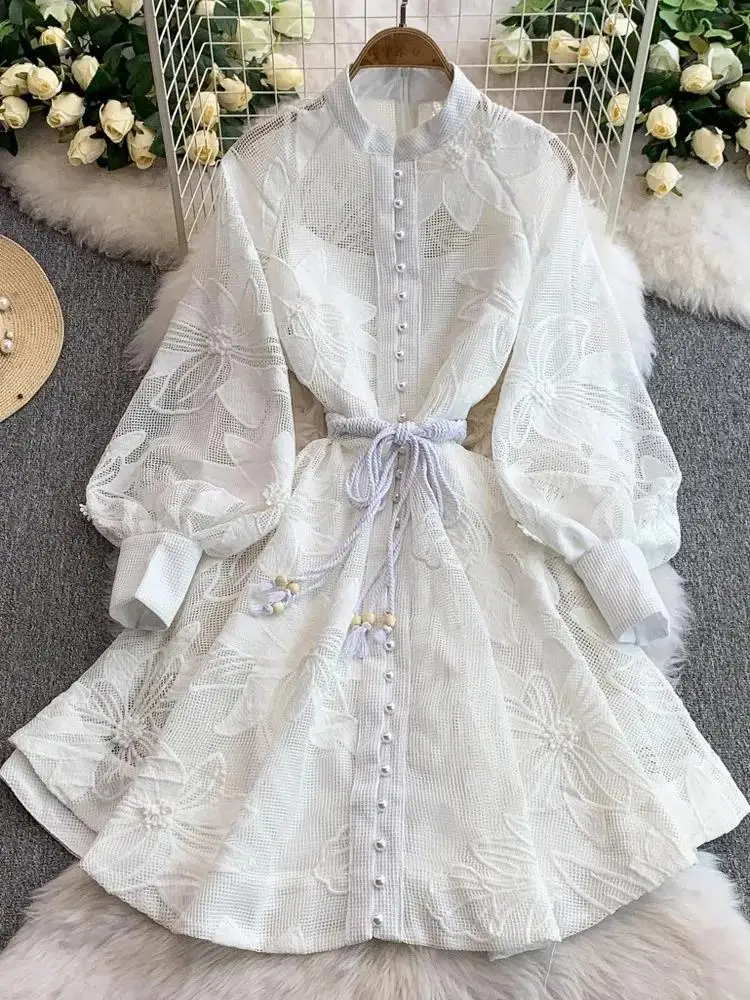 Elegante mini abito monopetto con cintura Donna 2025 Nuova primavera Lanterna di lusso Manica lunga Abiti ricamati Abiti bianchi - Image 5