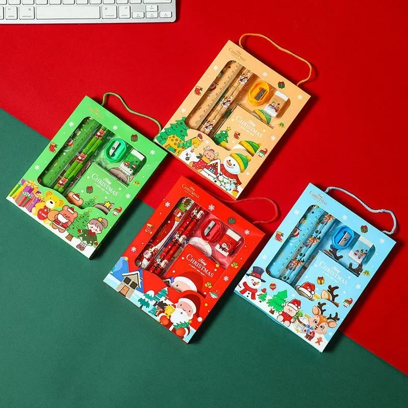 Christmas Stationery-Set Kids Cartoon Pencils Eraser Ruler Memo Pads Pencil Knife Set 6pcs School Supplies