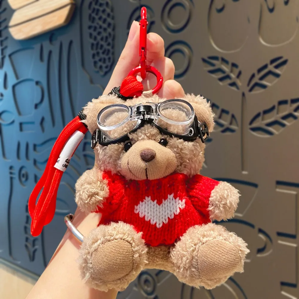 Kawaii Goggles Pilot Bear Keychain Pearl Bell Plush Bear Key Ring Doll Clothing Hanging Rope Stuffed Animal Pendant Bag