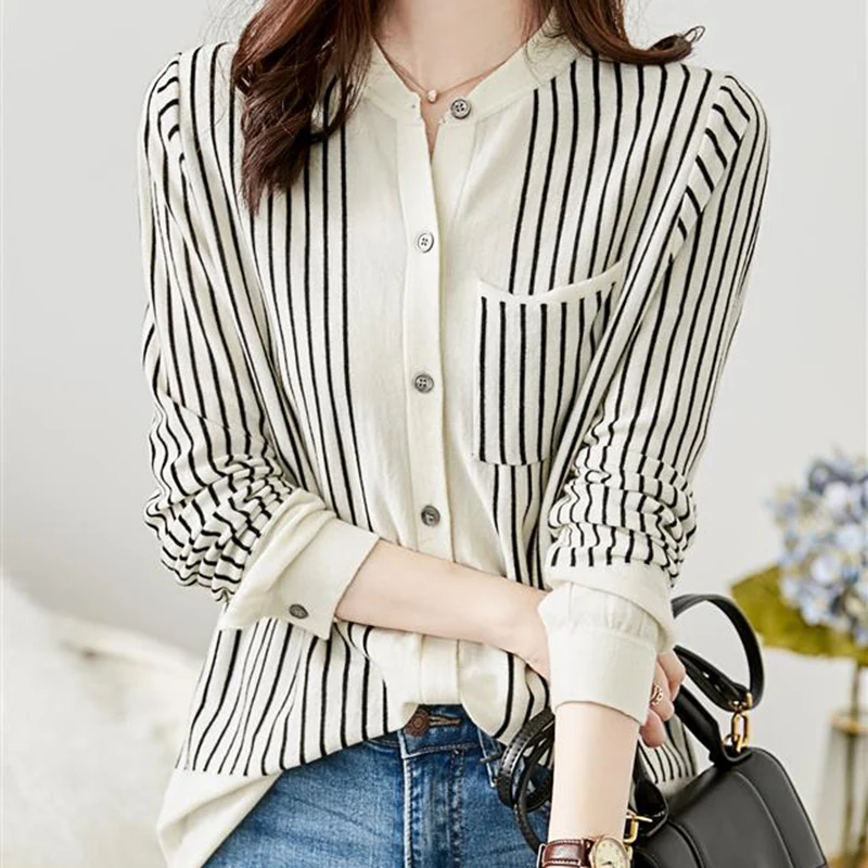

Striped Long Sleeve Sweater Women Korean Pockets Button Cardigan Mujer 2023 Autumn Winter Casual Clothes Knitted Tops Female
