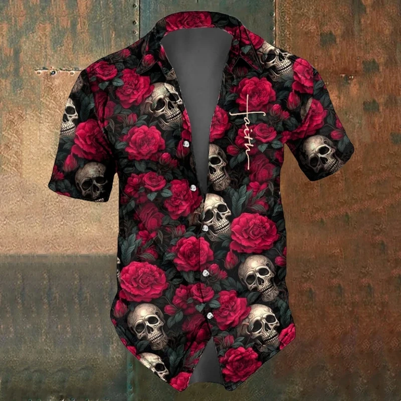 Summer Vintage Skull Graphic Shirts Casual Short Sleeve Shirt For Men Black White Print Men Clothing Loose Oversized Lapel Shirt