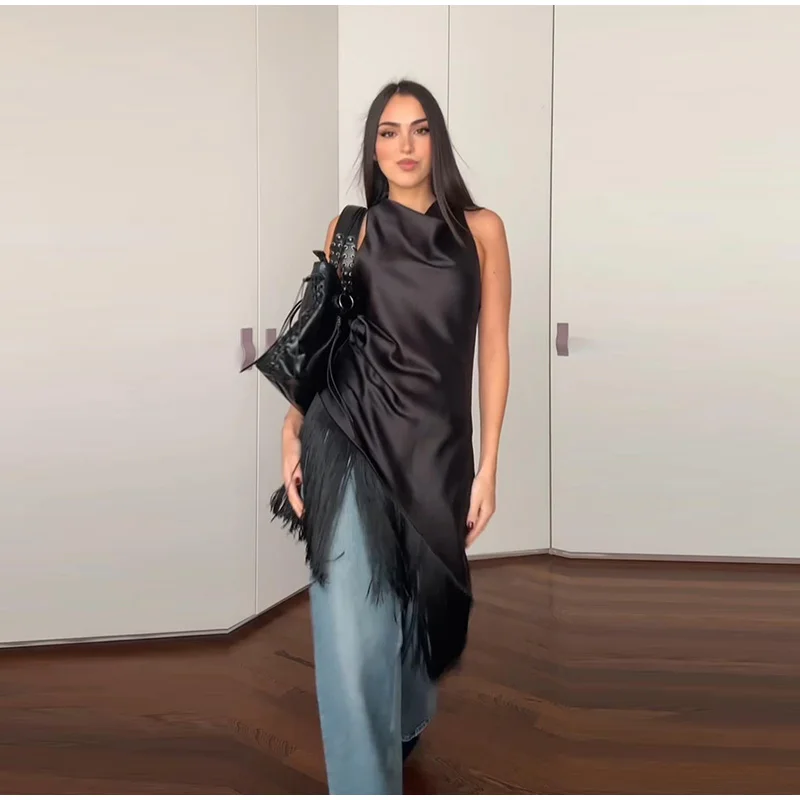 Schwarzes ärmelloses Satinkleid für Damen, asymmetrischer Fransensaum, Wasserfallausschnitt, Midi-Länge, elegantes formelles Party-Abend-Event-Neues Kleid – Detail 14