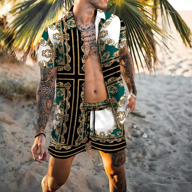 2023 Men Sets Print Patchwork Lapel Short Sleeve Casual Shirt Beach Shorts Summer Sports Vacation Hawaiian Suits Men Clothing