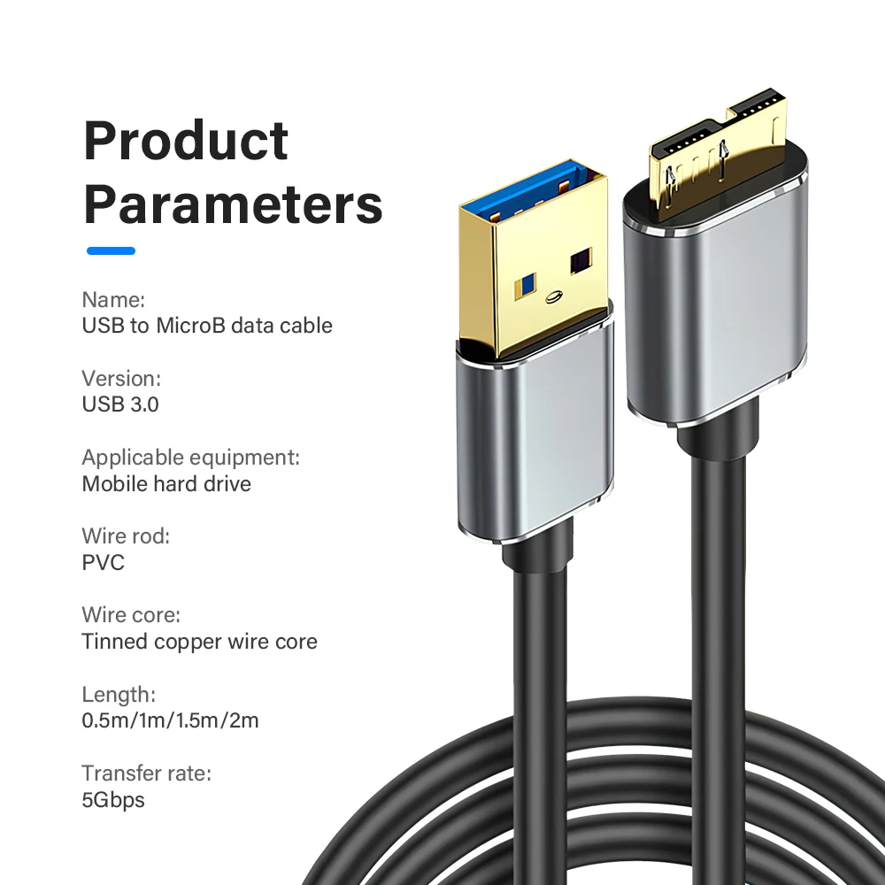High-Speed USB 3.0 External Hard Drive Cable with Micro B Adapter – 1.5m/2m Sync Cord