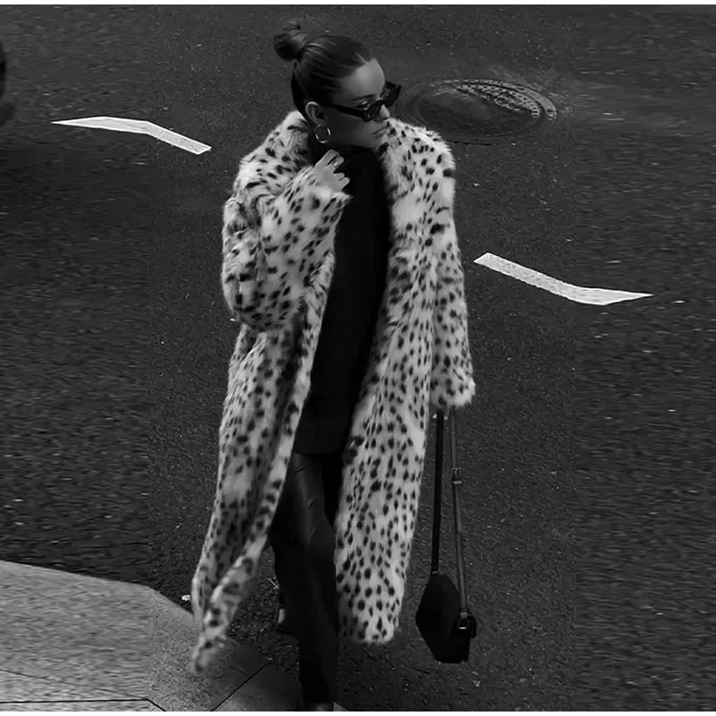 Fashion Animal Lapel Faux Fur Long Coat Women Loose Long Sleeve Pocket Lady Overcoats Autumn Winter Warm Street Thick Outwear