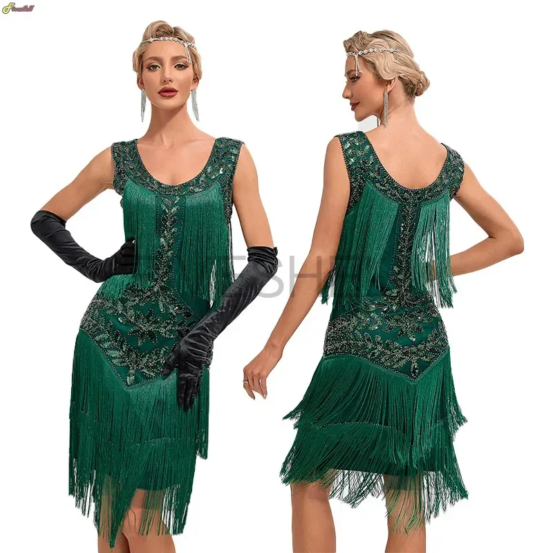 Women 1920S Flapper Vintage Gatsby Cocktail Ball Dress Dance Dress Round Neck Sequin Beaded Tassel Tank Top Large Dress