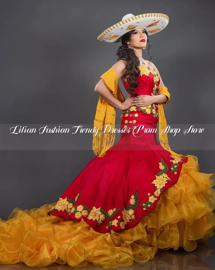 Mexican Queen Prom Dress Red Luxury 3D Floral Embroidered Lace Mermaid Customised Birthday Party vestidos de novia