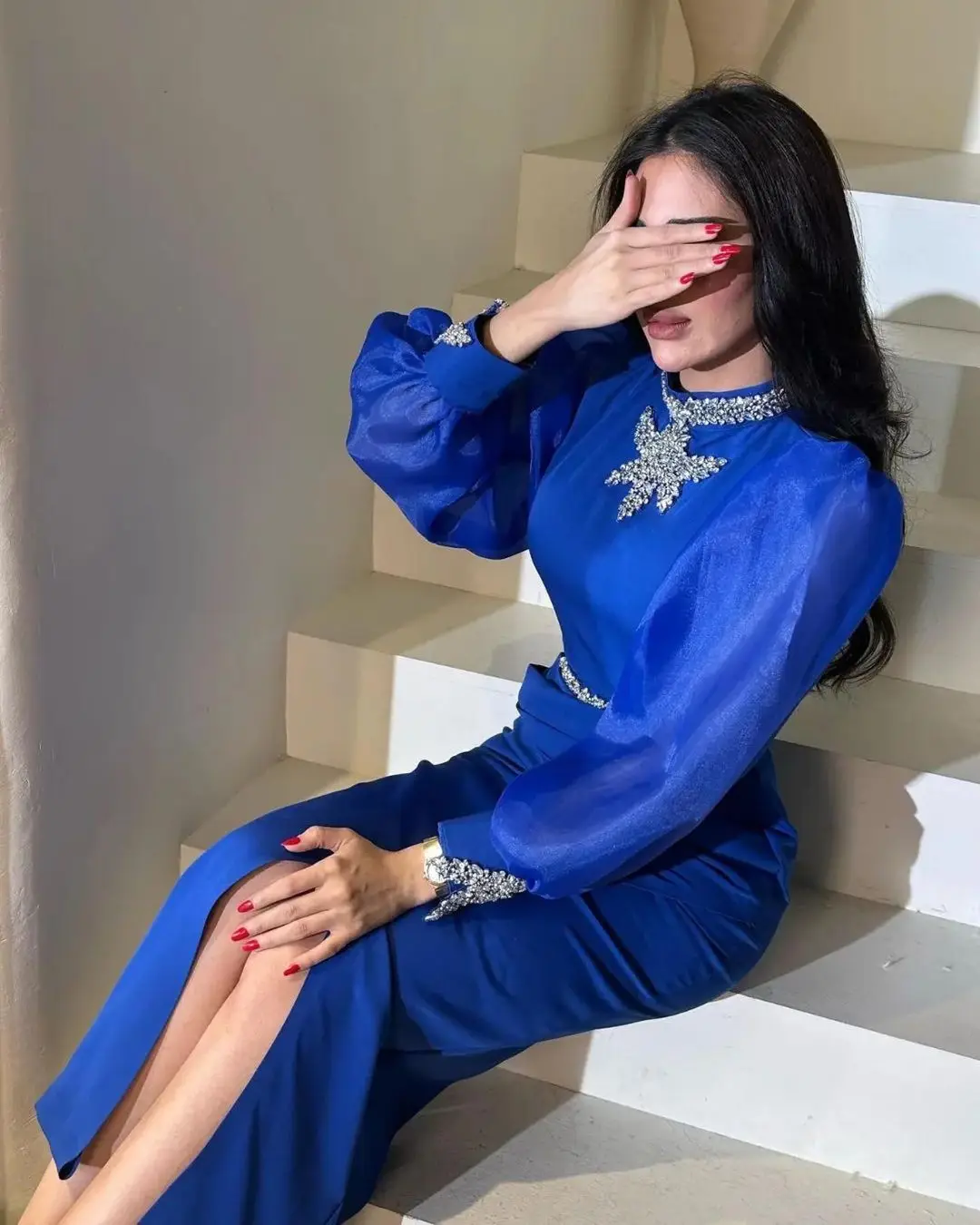 

VD Royal Blue Mermaid Evening Dresses High Collar Beaded Long Sleeves Prom Dress Ruched Side Slit Saudi Arabia Women Wear Gowns