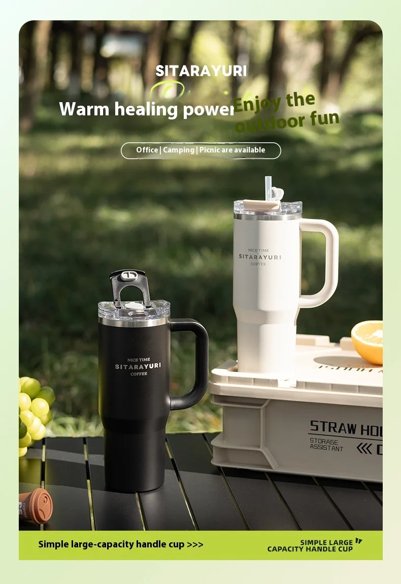 304 Stainless Steel Insulated 900Ml Thermal Coffee Car Cup Tumbler With Handle Straw